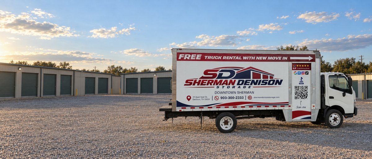 White box truck wrapped with Free Truck Rental With New Move In and the Sherman Denison Storage logo, parked on a gravel lot beside rows of storage units
